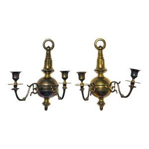 Pair of Vintage Gilt MetalBrass Double Handle Sconces Wall Mount Made in India